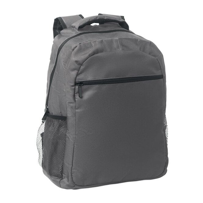 Mitarbeitergeschenk 15 Zoll Laptop-Rucksack aus rPET – dunkelgrau – mit Logo bedruckt für das nachhaltige Mitarbeiter-Onboarding