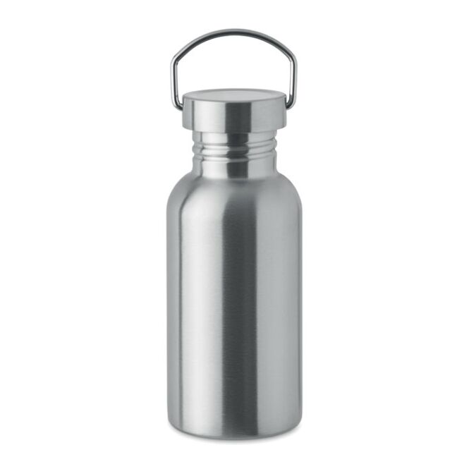 Mitarbeitergeschenk Trinkflasche 500ml – mattsilber – mit Logo bedruckt aus 90% recyceltem Edelstahl auslaufsichere nachhaltige Mehrwegflasche