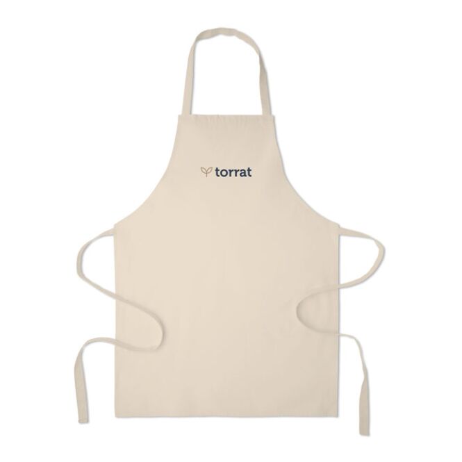 Firmengeschenk Küchenschürze recycelte Baumwolle – beige – mit Logodruck 180g/m² 70% Baumwolle 30% RPET nachhaltige Kochschürze