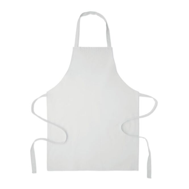 Firmengeschenk Schürze – weiss – mit Logodruck 180g/qm 70% recycelte Baumwolle 30% RPET – nachhaltiges Textil für grünes Firmenimage