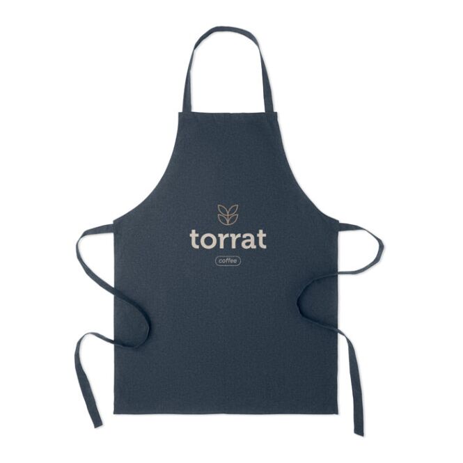 Firmengeschenk Küchenschürze – marineblau – mit Logodruck 70% recycelte Baumwolle 30% RPET 180g/m² nachhaltige Textilkleidung