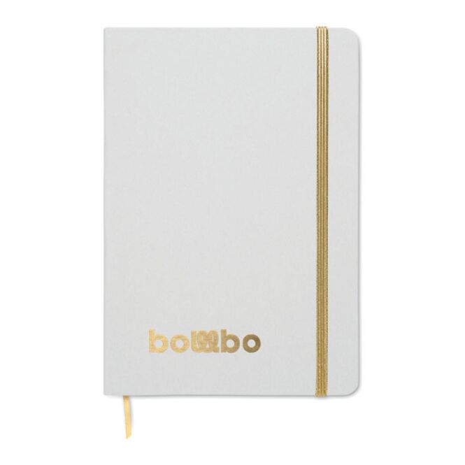 Firmengeschenk Notizbuch DIN A5 – gold – mit Lasergravur 70% Milchkarton 30% Recyclingpapier 160 Seiten nachhaltiges Journal