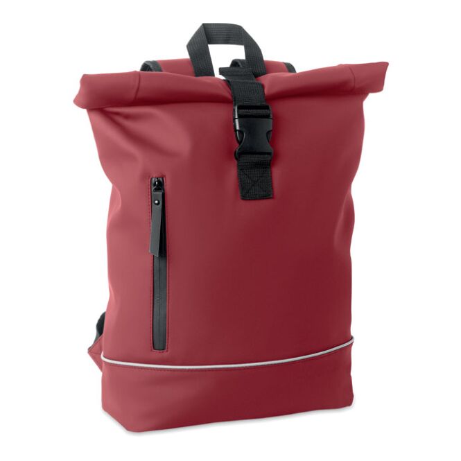 Werbeartikel 15 Zoll Rolltop-Laptop-Rucksack – bordeaux – mit Logo bedruckt für die Büroausstattung aus recyceltem rPET-Polyester