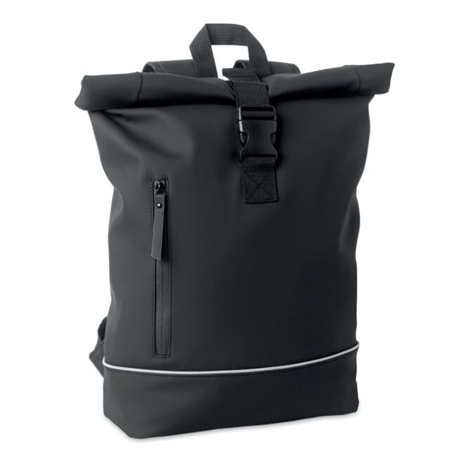 Mitarbeitergeschenk Rolltop-Laptop-Rucksack – schwarz – mit Logo bedruckt für 15 Zoll Notebooks aus nachhaltigem rPET für das Büro