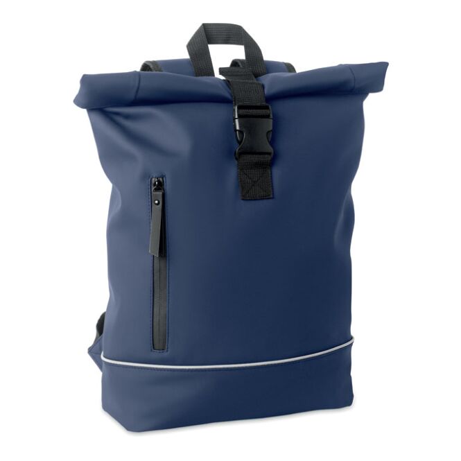 Werbeartikel 15 Zoll Rolltop-Laptop-Rucksack – blau – mit Logo bedruckt für das Mitarbeiter-Onboarding aus nachhaltigem rPET