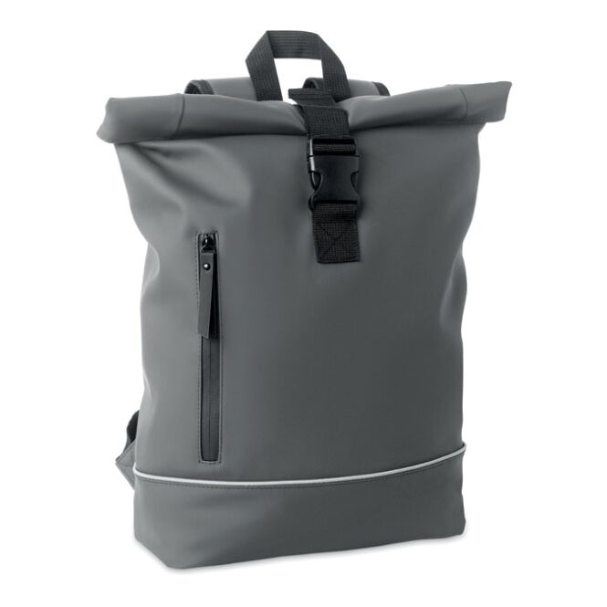 Mitarbeitergeschenk Rolltop-Laptop-Rucksack 15 Zoll – dunkelgrau – mit Logo bedruckt aus recyceltem RPET für das Homeoffice