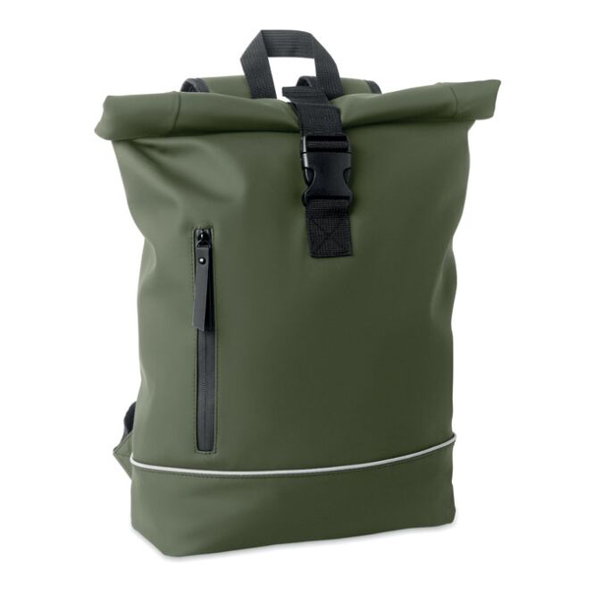 Werbeartikel 15 Zoll Rolltop-Laptop-Rucksack – dunkelgrün – mit Logo bedruckt aus recyceltem RPET-Material für die Büroausstattung