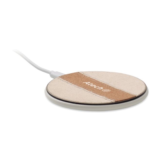Firmengeschenk Wireless Charger 15W – weiss – mit Logo bedruckt nachhaltiges Öko-Tech für das Homeoffice aus recyceltem ABS