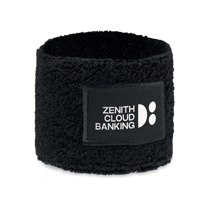 Mitarbeitergeschenk Fitnessarmband Polycotton – schwarz – individuell bedruckbar mit Baumwollpatch für Fitnessstudios & Gyms