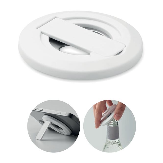 Werbeartikel Handyhalter mit Kapselheber – weiss – mit Logo bedruckt für Technik-Messen und den Büroalltag