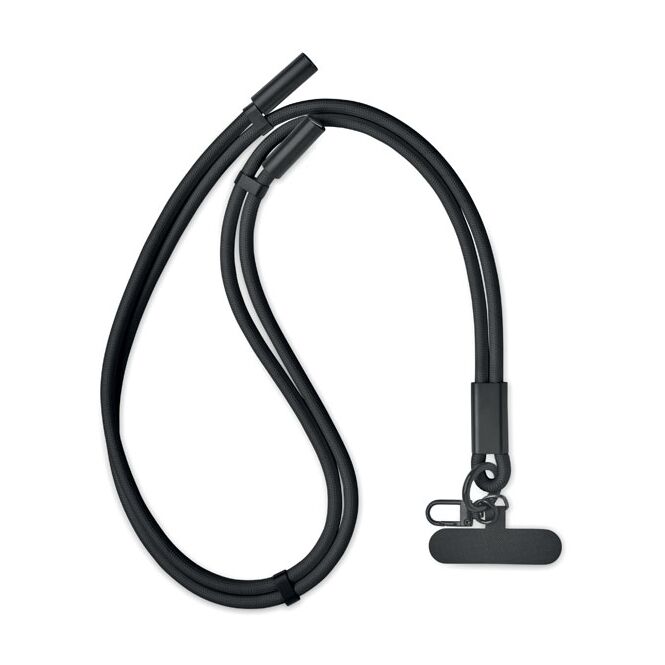 Giveaway Schlüsselband 60W – schwarz – mit Logo bedruckt Typ-C RPET Datenkabel mit Universal-Halter als praktisches Lanyard für Messen