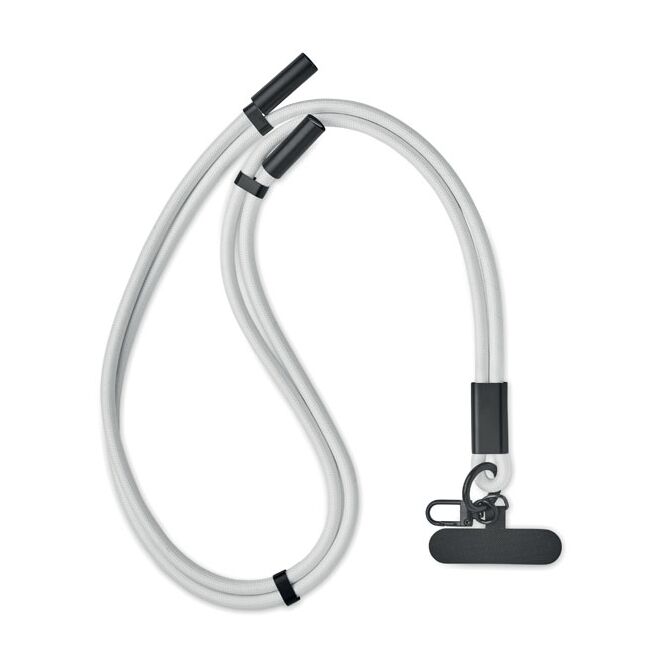 Werbeartikel Schlüsselband 60W Ladekabel – weiss – mit Logo bedruckt 60W Datenkabel Typ-C auf Typ-C aus RPET als Lanyard für Messen