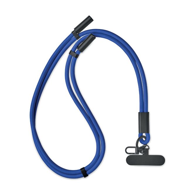 Messeartikel Schlüsselband 60W Ladekabel – königsblau – mit Logo bedruckt Typ-C zu Typ-C aus RPET mit Universal-Halter als Lanyard für Messen