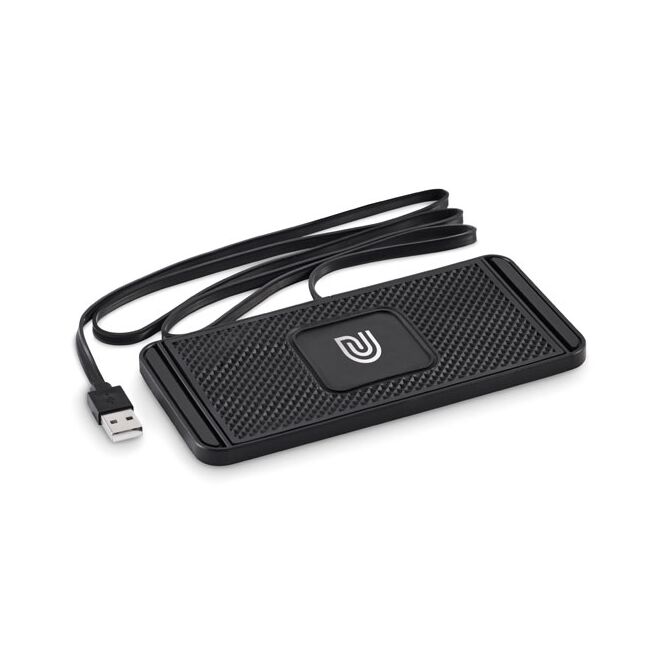 Kundengeschenk Wireless Charger 15W – schwarz – mit Logo bedruckt, 120 cm USB-A Kabel, rutschfest für den Büroalltag