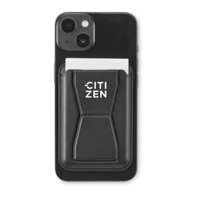 Streuartikel Smartphone-Halter mit Kartenfach – schwarz – mit Logo bedruckt für den Büroalltag und Technik-Messen