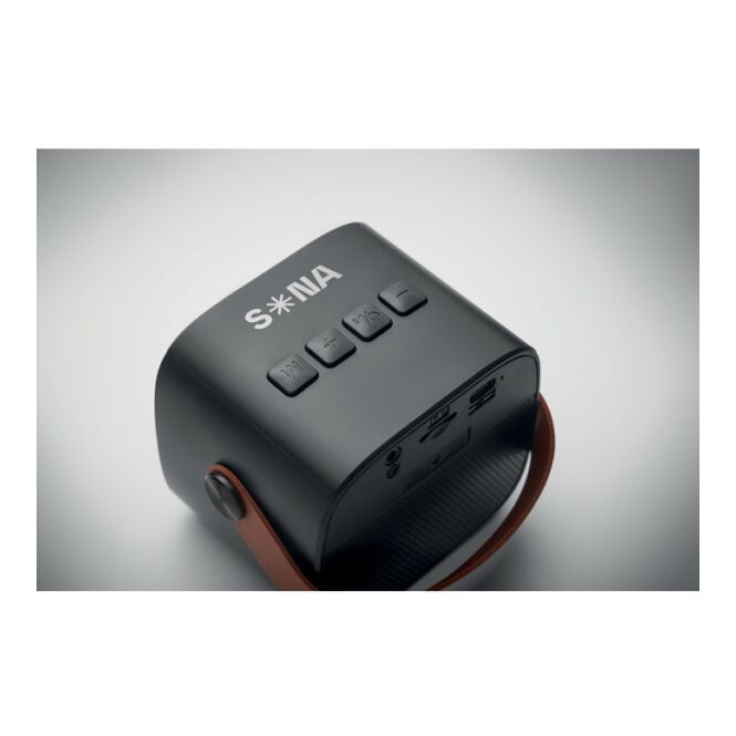Firmengeschenk Bluetooth Lautsprecher 5.0 – schwarz – mit Logo bedruckt nachhaltig 5W für das Mitarbeiter-Onboarding
