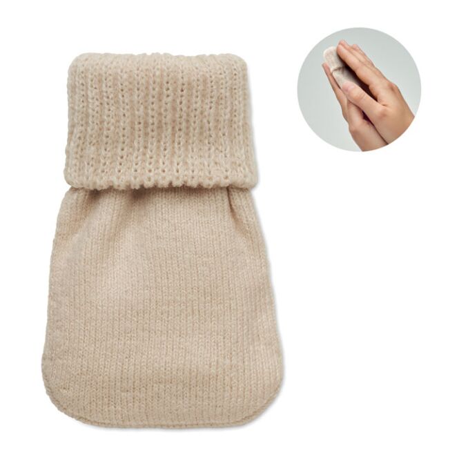 Mitarbeitergeschenk Gel-Wärmekissen mit Logo bedruckt – beige – polyester Bezug mit Metallplättchen für Firmen-Events