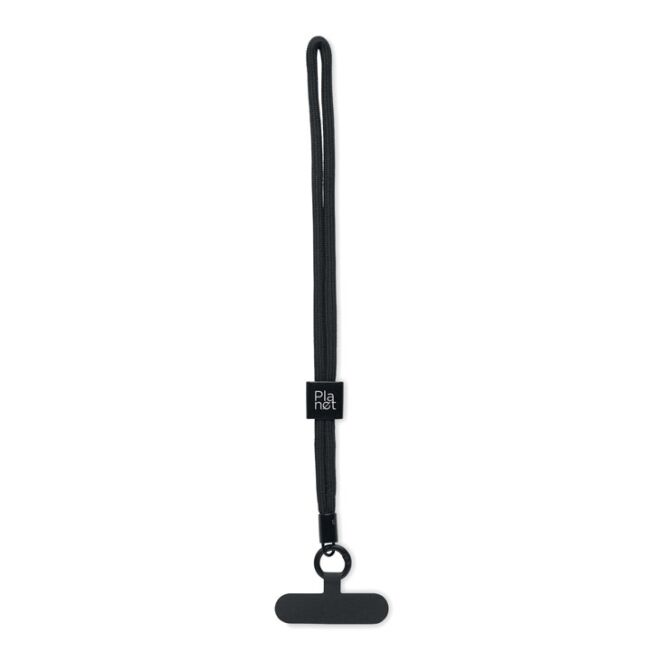 Werbeartikel Handykette für das Handgelenk RPET – schwarz – mit Logo bedruckt, 25 cm Länge für den Büroalltag