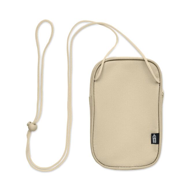 Firmengeschenk Crossbody-Reisetasche aus nachhaltigem RPET – beige – mit Logo bedruckt für Messen & Promotion