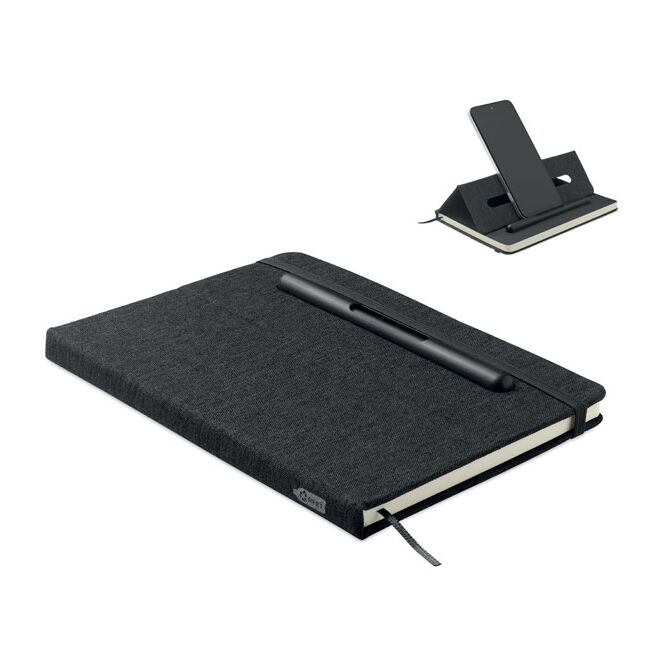Firmengeschenk Notizbuch RPET – schwarz – mit Logo bedruckt 192 Seiten DIN A5 Recyclingpapier Smartphone-Halterung nachhaltiges Journal