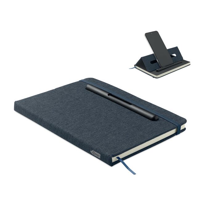 Mitarbeitergeschenk Notizbuch DIN A5 RPET – marineblau – mit Logo bedruckt 96 Blatt Recyclingpapier nachhaltiges Journal für CSR