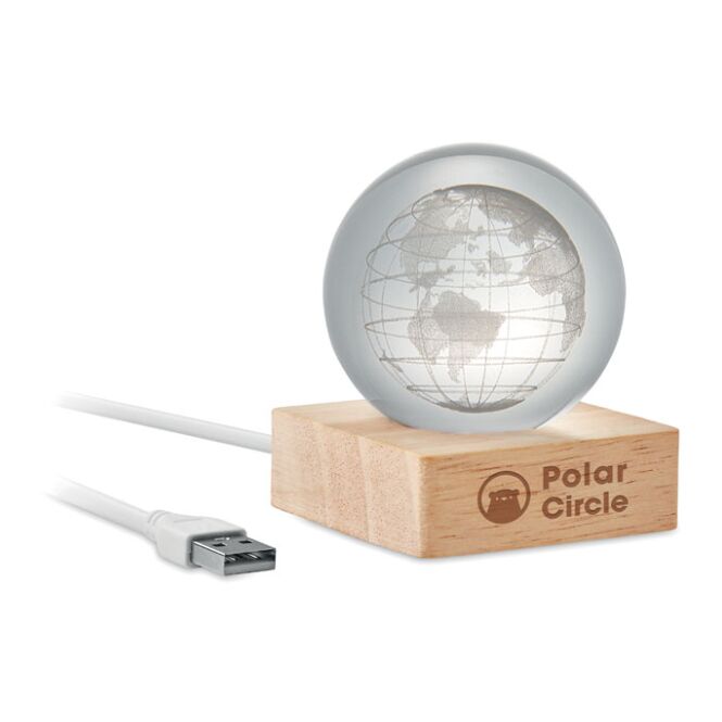 Mitarbeitergeschenk Tischlampen LED-Glaskugel Globus – holzfarben – mit Werbedruck 100 Lumen inkl. USB-Kabel moderne Akkuleuchte