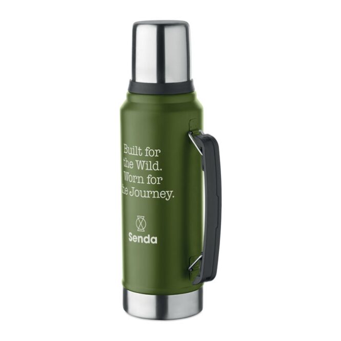 Firmengeschenk Thermoskanne Doppelwandig – dunkelgrün – mit Logodruck 1L Nachhaltiger recycelter Edelstahl auslaufsicher für Besprechungsräume