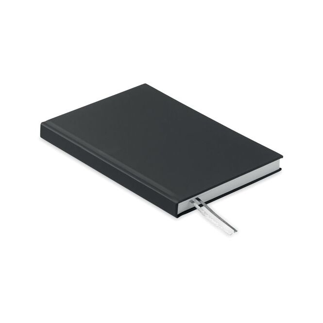 Mitarbeitergeschenk Notizbuch DIN A5 – schwarz – mit individuellem Werbedruck 60% rPET 40% PU 128 Blatt 70g Recyclingpapier