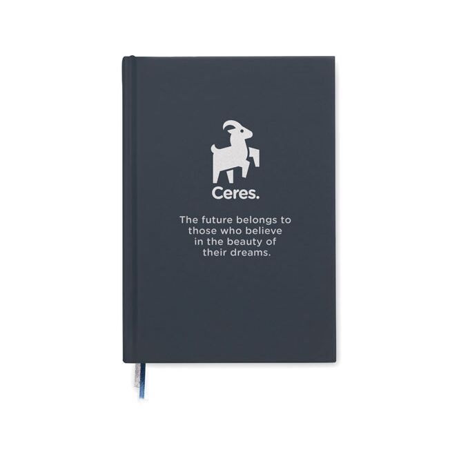 Firmengeschenk Notizbuch DIN A5 – marineblau – mit individuellem Werbedruck 60% rPET 40% PU 128 Blatt Recyclingpapier nachhaltiges Journal