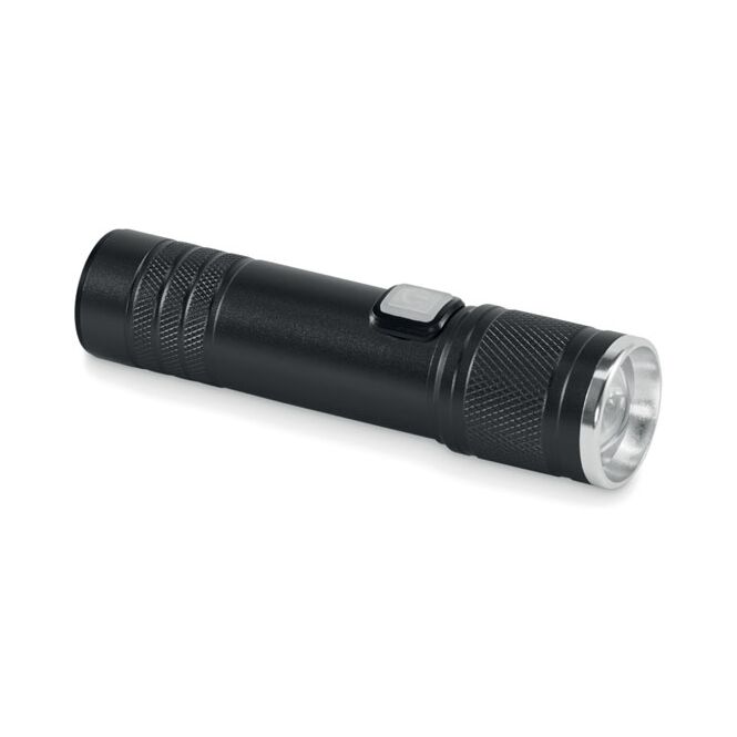 Mitarbeitergeschenk Taschenlampe aus recyceltem Aluminium – schwarz – mit Logo bedruckt 110 Lumen COB-LED kompakter Lichtspender