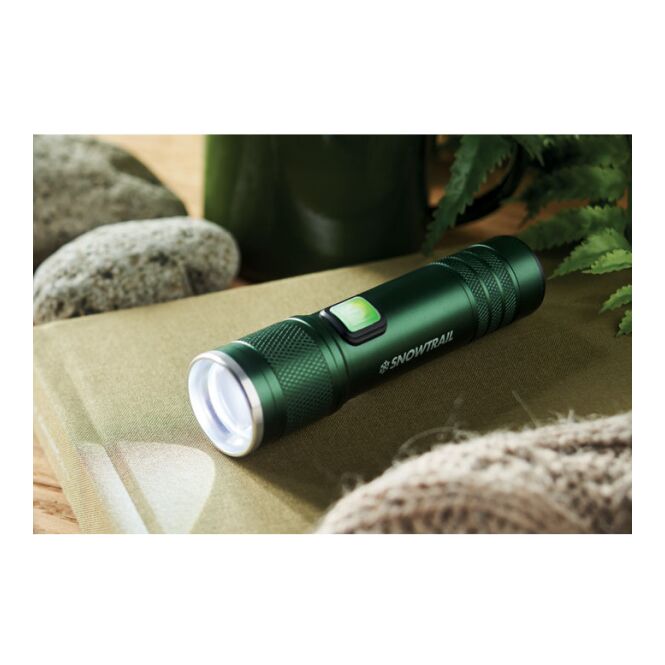 Werbeartikel Taschenlampe Wiederaufladbare – dunkelgrün – mit Lasergravur 110 Lumen COB-LED 3 Modi Zoom heller kompakter Lichtspender