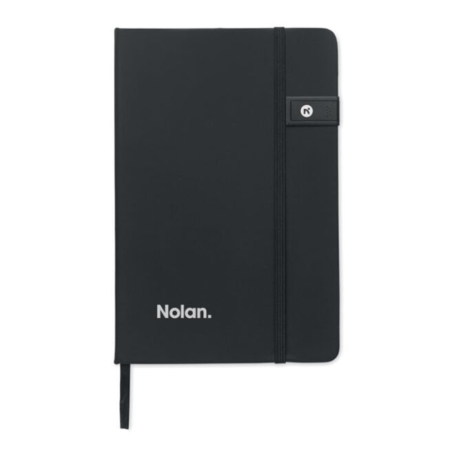 Premium-Werbeartikel Notizbuch DIN A5 USB – schwarz – mit Logo bedruckt 58% rPET 16GB Stick 80 Blatt FSC-Papier nachhaltiges Journal