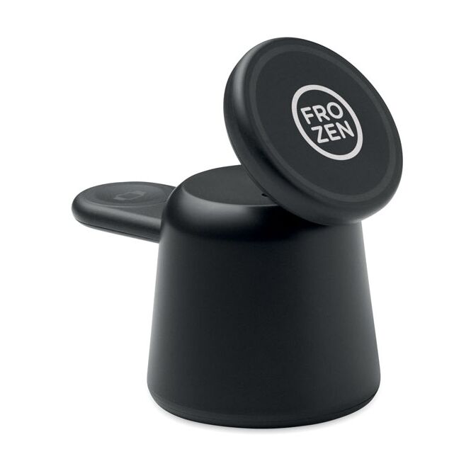 Kundengeschenk Wireless Charger 15W 3in1 Ladestation – schwarz – mit Logo bedruckt für das Homeoffice und moderne Büros
