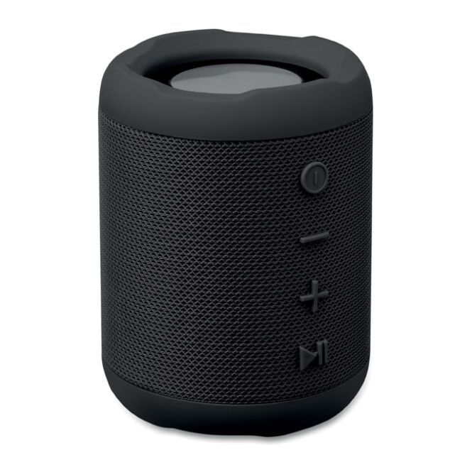 Firmengeschenk 5.0 Bluetooth Lautsprecher RPET – schwarz – mit Logo bedruckt 800 mAh 5W für das Mitarbeiter-Onboarding