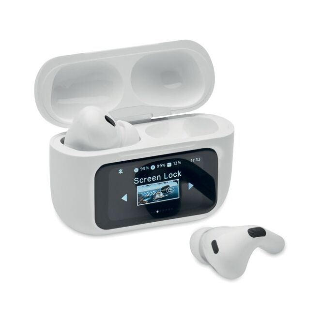 Firmengeschenk TWS-Ohrhörer 5.0 – weiss – mit Logo bedruckt ANC ENC Touch Control 230 mAh Ladebox für das Mitarbeiter-Onboarding