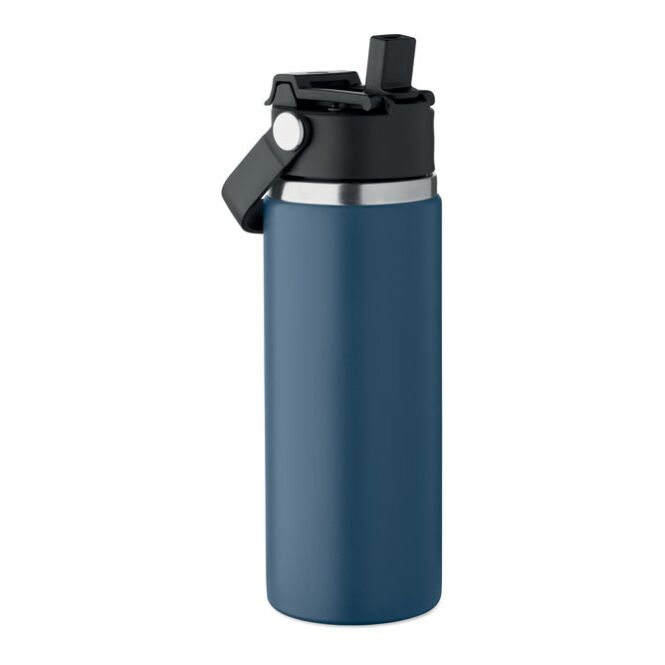Firmengeschenk Isolierflasche aus recyceltem Edelstahl – marineblau – mit Logodruck 500 ml nachhaltig doppelwandig auslaufsicher für Firmenevents