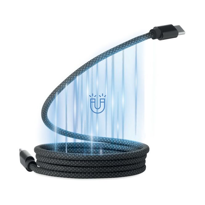 Streuartikel Magnetisches Kabel RPET – schwarz – mit Logo bedruckt 60W Schnellladung 1 m USB-C auf USB-C für Technik-Messen