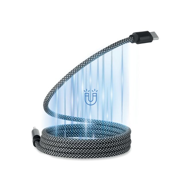 Werbeartikel magnetisches Ladekabel RPET – weiss schwarz – mit Logo bedruckt 60W USB-C auf USB-C 1m nachhaltig für den Büroalltag