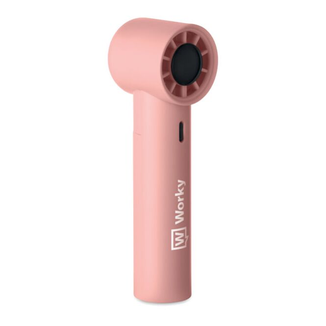 Werbeartikel Mini-Handventilator – pink – mit Logo bedruckt für Outdoor-Events mit 5 Geschwindigkeitsstufen und Lithium-Akku