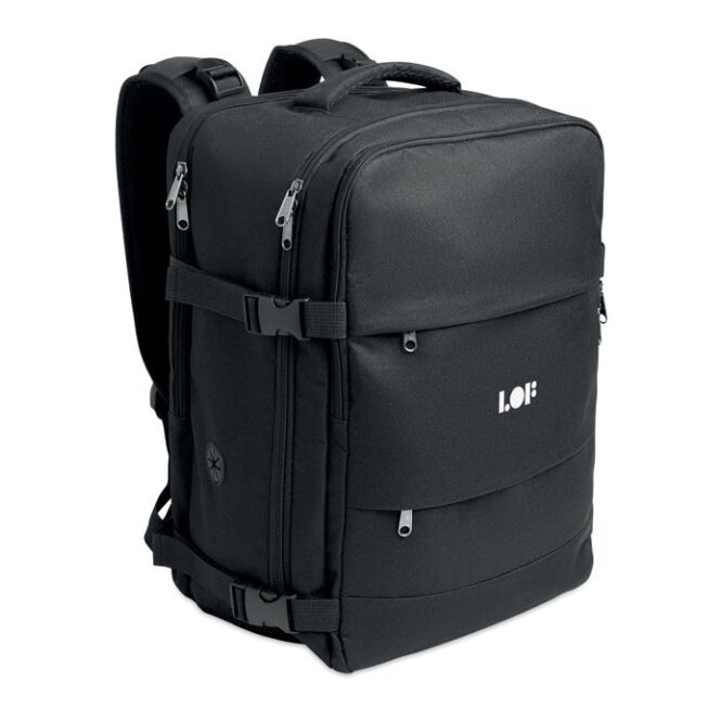 Mitarbeitergeschenk Rucksack Kabinengröße – schwarz – mit Logo bedruckt für 15 Zoll Notebooks aus nachhaltigem rPET für Büroausstattung