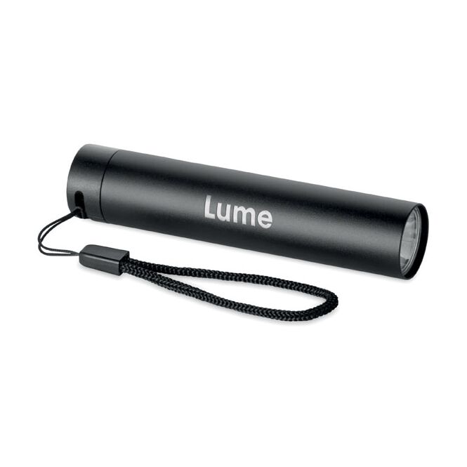 Premium-Werbeartikel Taschenlampe – schwarz – mit Lasergravur 110 Lumen 3 Lichtmodi recyceltes Aluminium kompakter Lichtspender