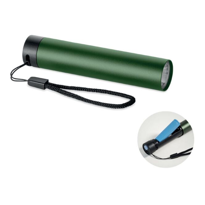 Firmengeschenk Taschenlampe – dunkelgrün – mit Lasergravur 110 Lumen 3 Lichtmodi recyceltes Aluminium kompakter Lichtspender