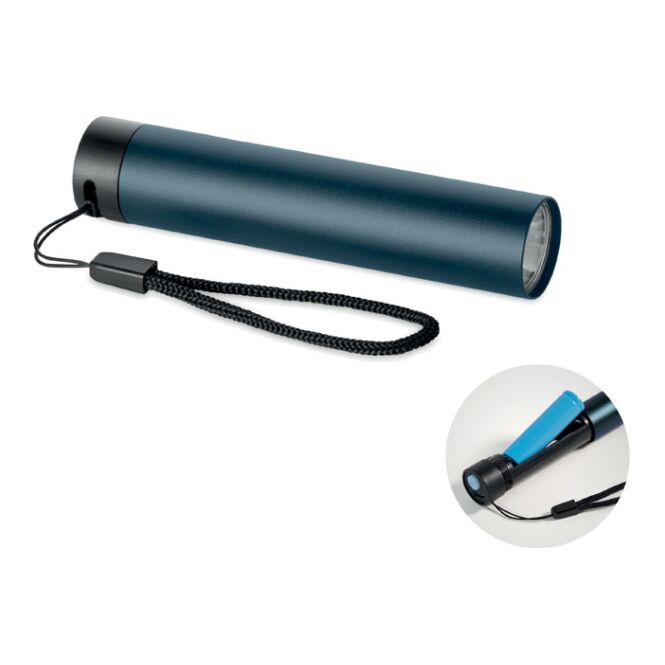 Werbeartikel Taschenlampe marineblau – mit Logo bedruckt 110 Lumen 3 Lichtmodi recyceltes Aluminium kompakter Lichtspender
