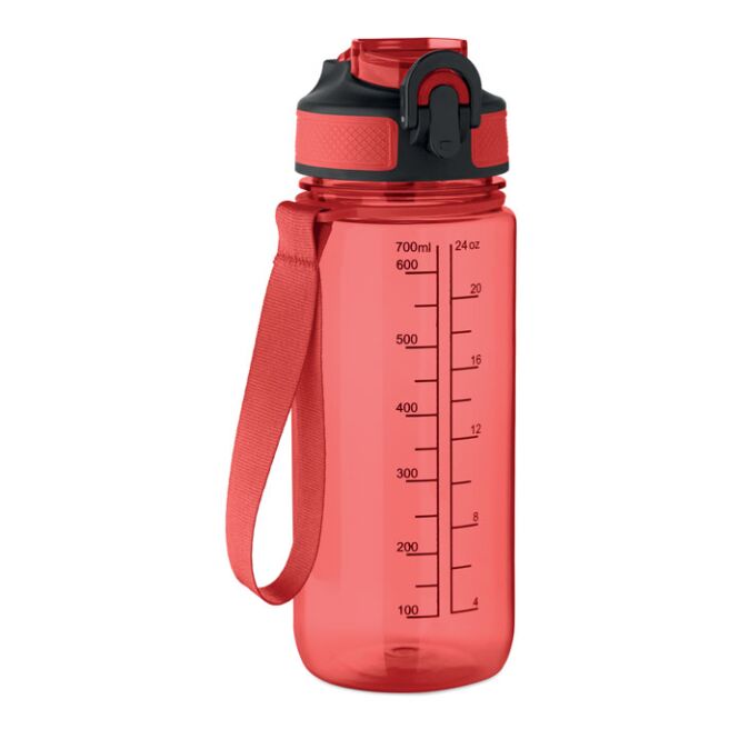 Werbeartikel Sport-Trinkflasche MO2792-27 – transparent rot – mit Logo bedruckt 700ml rPET BPA-frei auslaufsicher für Sportevents & Turniere
