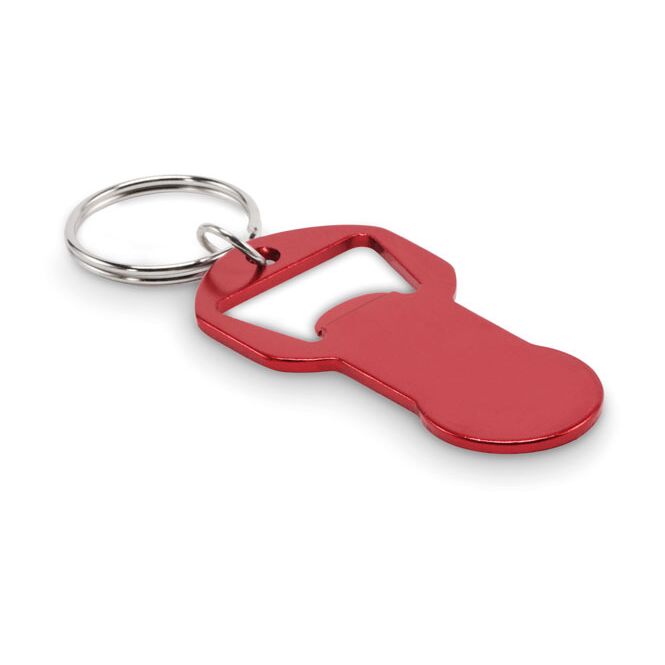 Werbeartikel Schlüsselring mit Kapselheber – rot – mit Logo bedruckt aus Eisen mit Einkaufswagenchip als Messe-Giveaway