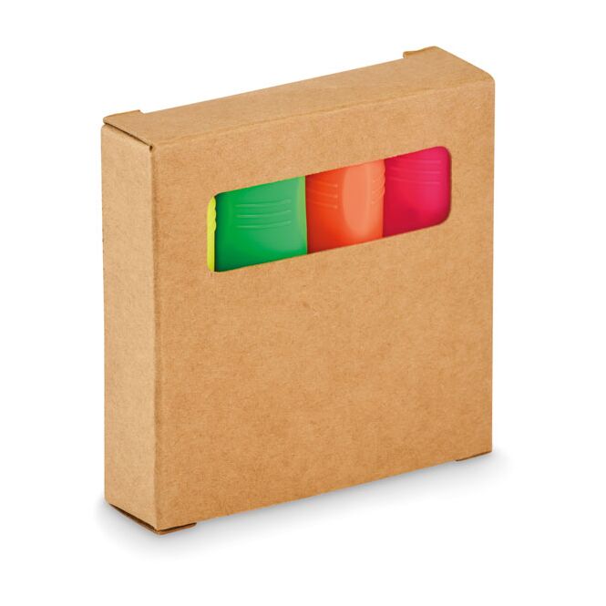 Werbeartikel Textmarker-Set 4er Set – beige – mit Logo bedruckt als Messe-Giveaway für den Büroalltag