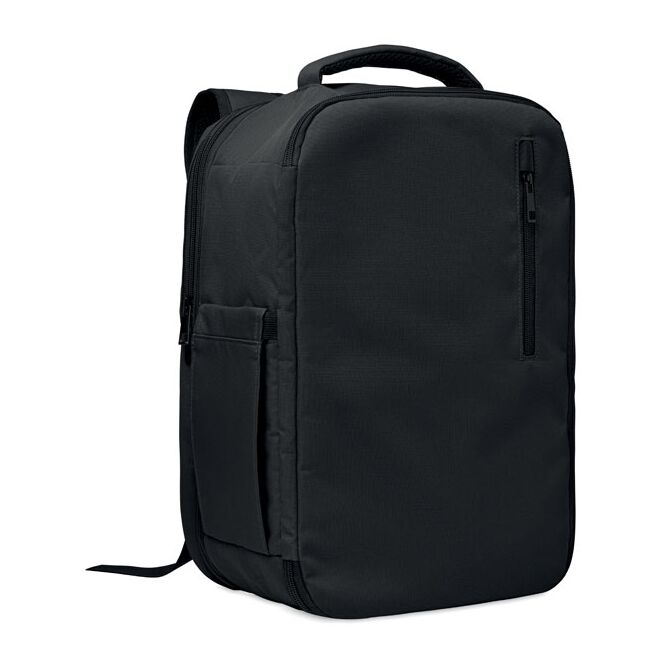 Mitarbeitergeschenk Rucksack – schwarz – mit Logo bedruckt, 15 Zoll Laptopfach, aus recyceltem RPET, für das Mitarbeiter-Onboarding