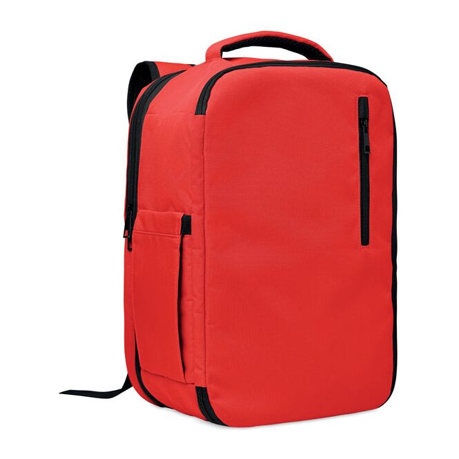 Werbeartikel Laptoptaschen-Rucksack – rot – mit Logo bedruckt, nachhaltig aus 600D rPET, für 15 Zoll Notebooks, für das Mitarbeiter-Onboarding