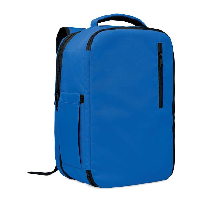 Werbeartikel Rucksack in Kabinengröße – königsblau – mit Logo bedruckt aus nachhaltigem rPET für 15 Zoll Laptops und Büroausstattung
