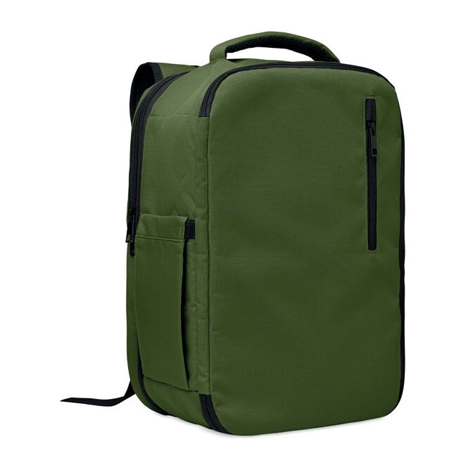 Mitarbeitergeschenk Rucksack – dunkelgrün – mit Logo bedruckt, aus rPET, für 15 Zoll Notebooks, erweiterbar für das Homeoffice